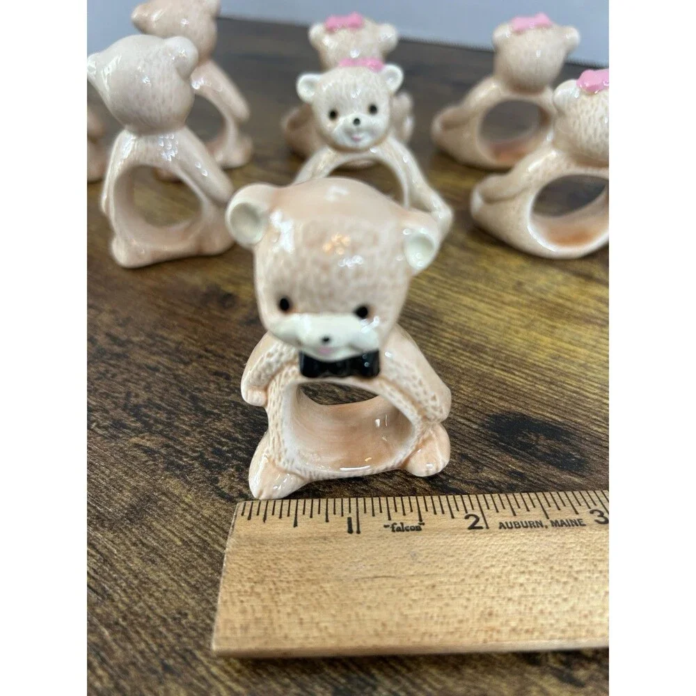 Vintage Taiwan Teddy Bear Ceramic Napkin Ring Holders Set of 8 Brown Boy Girl
